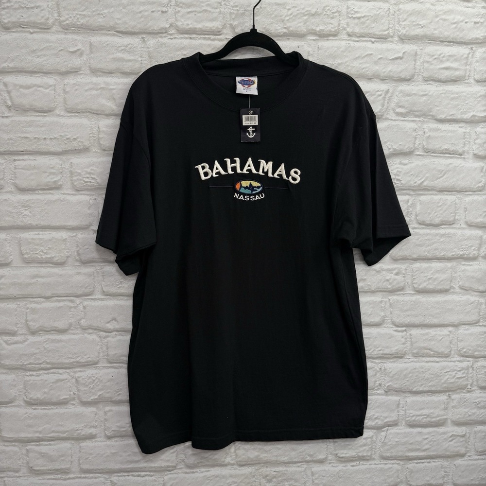 VINTAGE Bahamas Nassau Unisex T-Shirt  Sz Large Black Embroidered Fish Shark NEW
